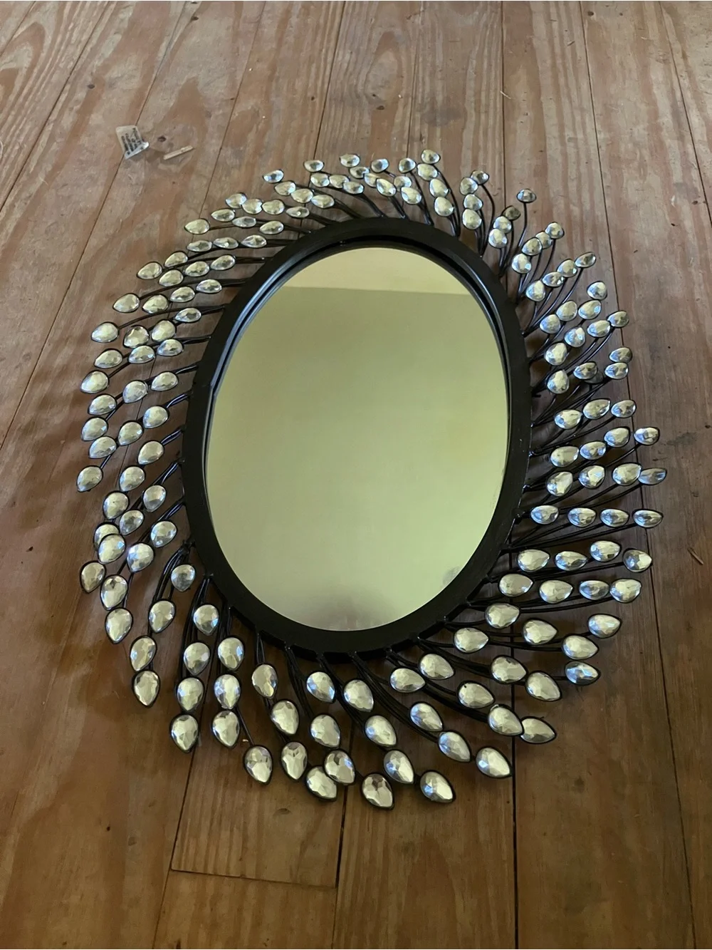 Decorative Oval Wall Mirror with Crystal Petal Frame - Black